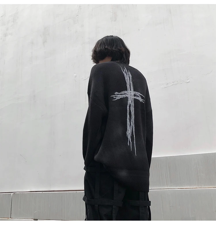 High Street Vintage Wash Sweater Men Graffiti Loose Knitted Pullover Long Sleeve Hip Hop Oversize Sweater Casual Jumper Knitwear