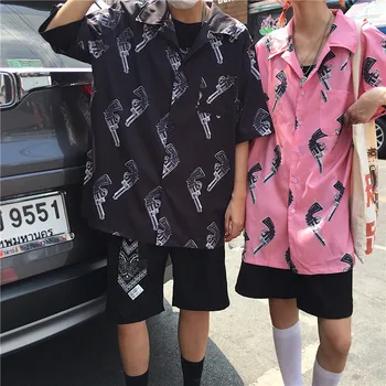 

Cartoon Pistol Graphic Print Korean Streetwear Loose Oversized Blouse Japanese Women/Men Harajuku Vintage Casual Shirt Summer
