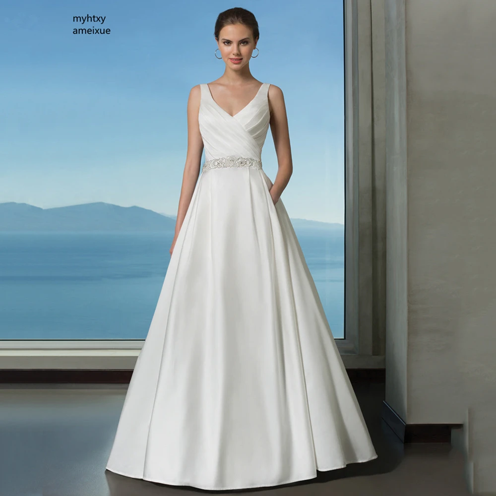 

V-neck Sweep Train Floor-length Backless A-line Cap Sleeve Cheap Boho Simple Satin Wedding Dress 2019 Plus Size Crystal Beading