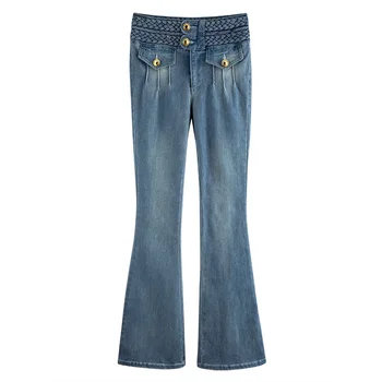 

WOMENGAGA 2020 NEW High Waist Slim Jeans Women's Personality Flared Jeans Twist Metal Buttons Patchwork Fashion Streetwear A466