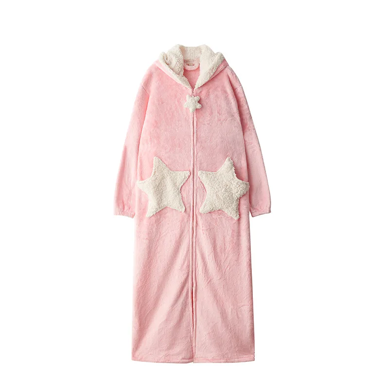 

Women Blue Pink Gray Casual Winter Flannel Home Warm Sleepwear Europe Female Coral Velvet Lovely Star Loose Long Hooded Robes