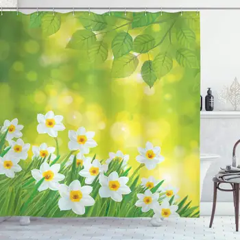 

Daffodil Shower Curtain, Daffodils Under Vibrant Tree Branch Leaves Spring Petals Seasonal Foliage Theme, Cloth Fabric Bathroom