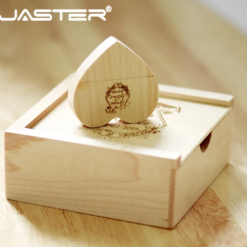 USB флеш накопитель JASTER деревянный в виде сердца с коробкой 4/8/16/32/64 ГБ|USB