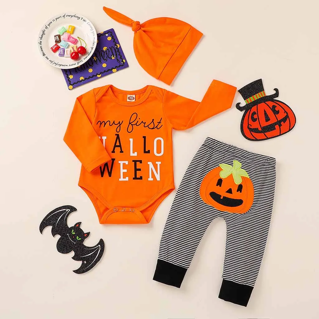 New Children Clothes Festival-wear Costume Newborn Infant Baby Boy Girl Halloween Letter Romper Pumkin Pants Hat Cap Outfit