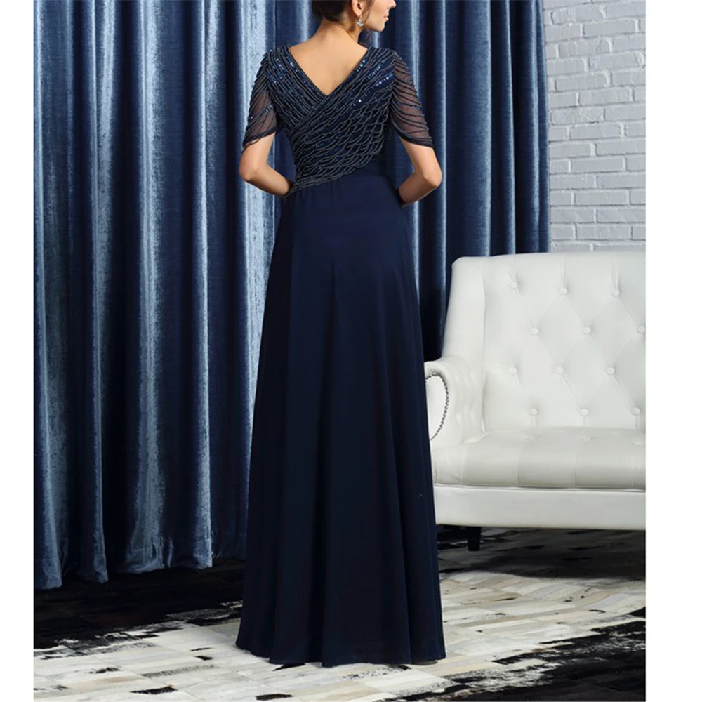 Превосходное темно-синее шифоновое платье Vestidos De Fiesta De Noche ТРАПЕЦИЕВИДНОЕ винтажное платье с короткими рукавами и оборками для женщин