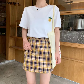

Skirts Women Elegant All-match Ulzzang Soft Kawaii Retro Plaid New Korean Style Chic High Waist Slim Simple A-Line Mini Skirt