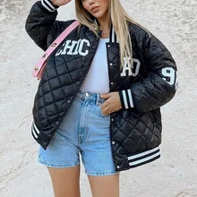 

Winter Women Argyle Letter Embroidery Down Jacket Quilted Coat Casual Streetwear Outerwear Lined Coat Padded Bomber Jackets 2022