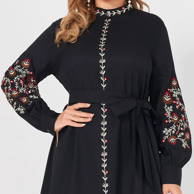 Ladies Fashion Resort Small Stand Collar Floral Embroidery Long Sleeve Loose Belt Sweet Elegant Woman Black