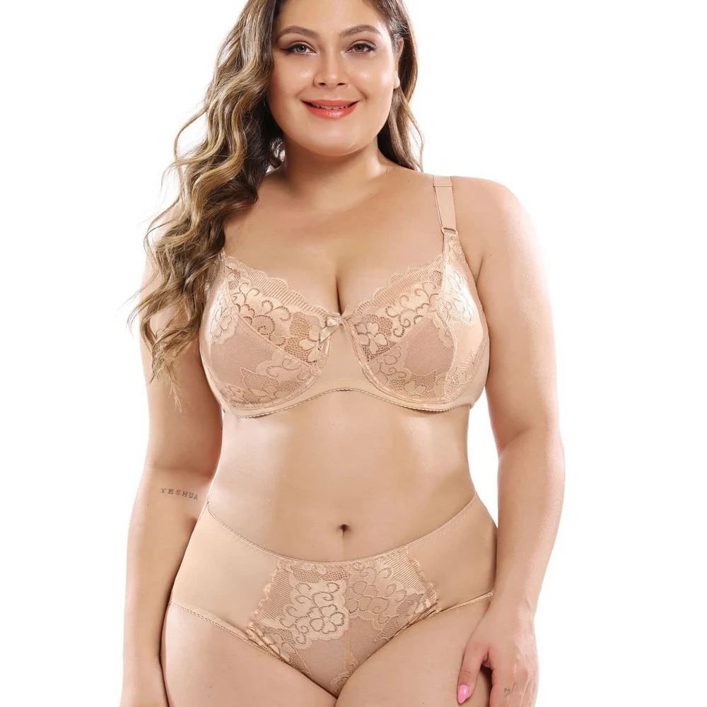 

Plus Size Female Lingeries Full Cup Unlined Bra Floral Lace Women Bra Set Ultra Thin Panty 6 Colors 36-48 C D DD E F