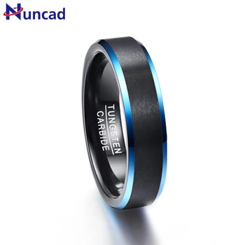 

NUNCAD 6MM Blue Beveled Edges Black Tungsten Carbide Ring Matte Brushed Finish Comfort Fit Size 7 to 12