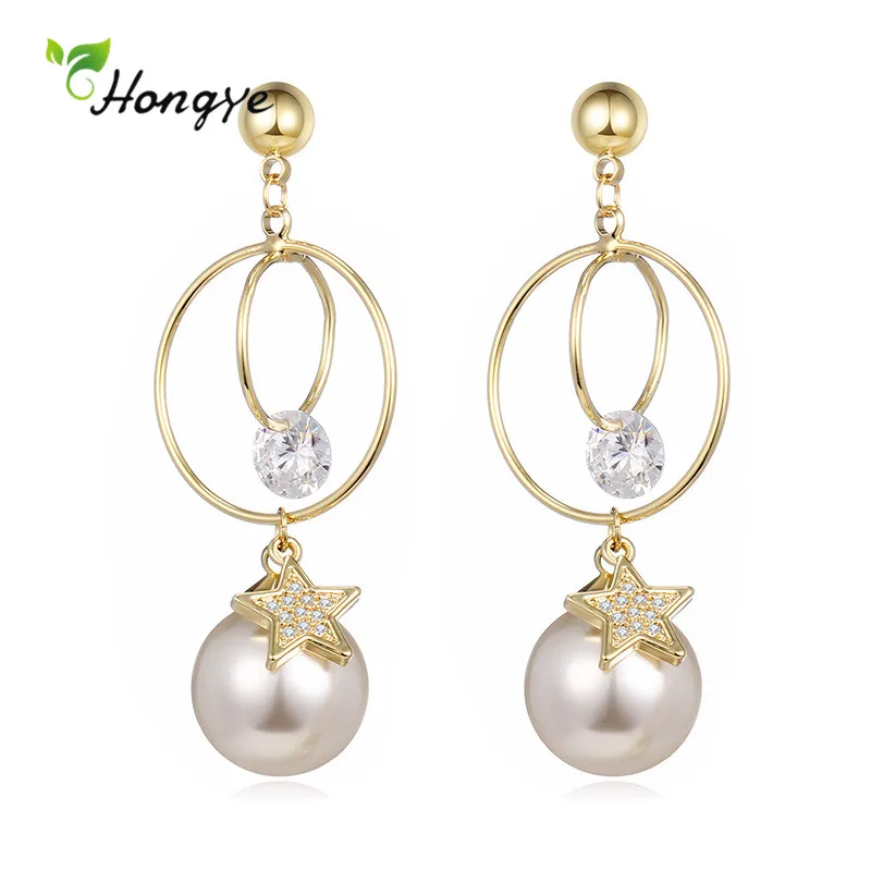 

Hongye Vintage Round Pearl Drop Earrings for Women Punk Star Double Circle Metal Fashion Zircon Party Jewelry Brincos Hot Sale