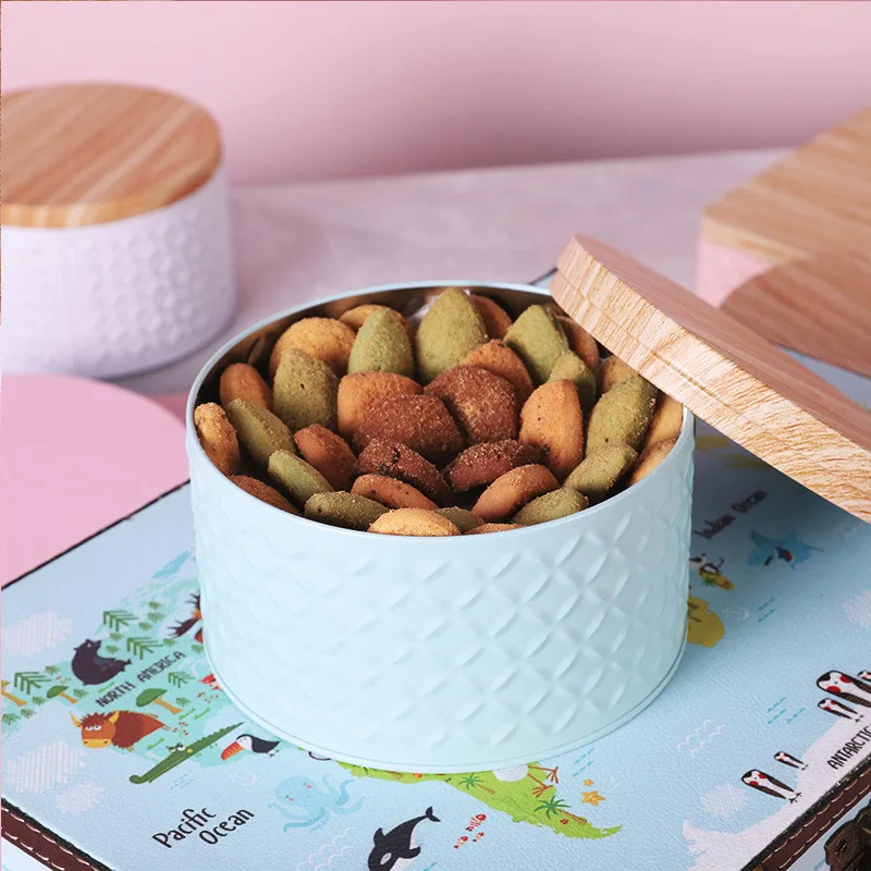 

1 pc Round Empty Iron Box With Wood Grain Lid Candy Storage Box Diy Candle Making Jar
