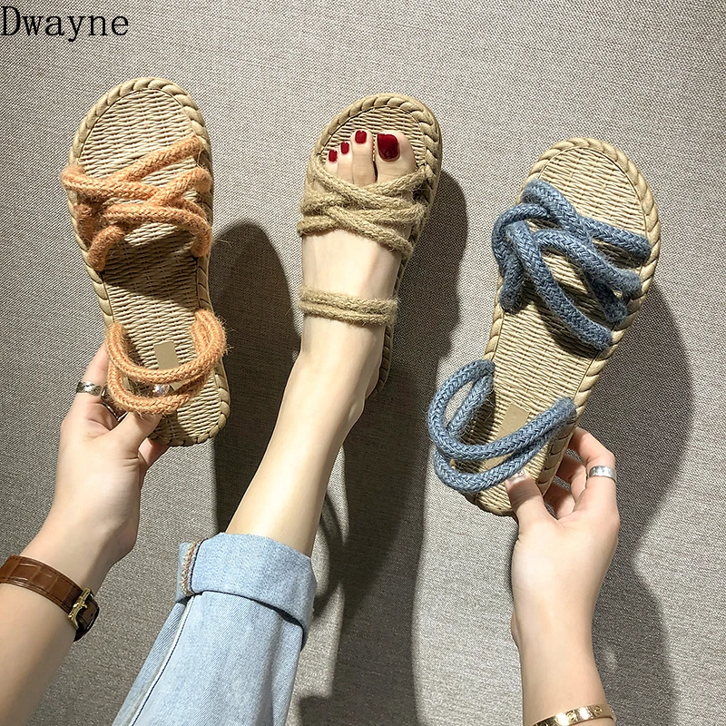 

Straw hemp rope women's sandals 2019 new outdoor casual flat sandals slippers Korean wild lightweight comfortable beach shoes