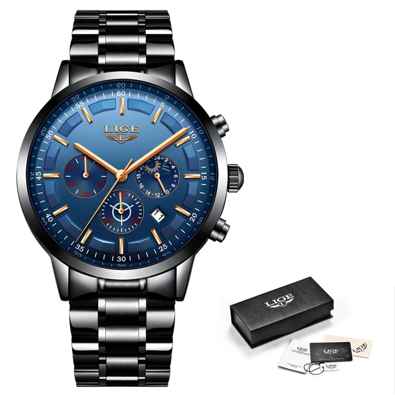 Black rose blue Relogio Masculino LIGE новые модные мужские часы Топ бренд класса люкс водонепроницаемые часы Серебро Сталь Большой циферблат Спортивный Хронограф - Цвет: Black rose blue