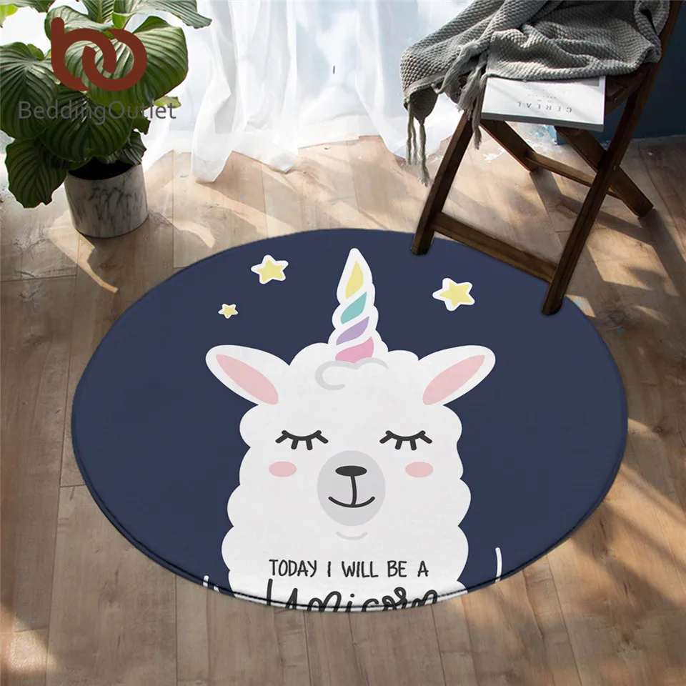 Beddingoutlet Cute Llama Camera Da Letto Tappeti Unicorno Round Area Tappeto Per Soggiorno Cartoon Alpaca Floor Rug Stars Play Mat 150Cm
