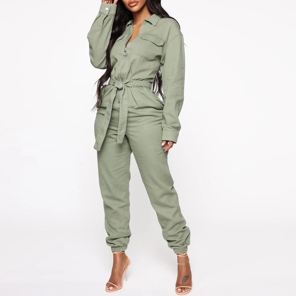 Casual Sport Overalls Women Jumpsuit Long Sleeve Belt Rompers Trousers Female Office Lady Fashion  Zipper Playsuit  Streetwear