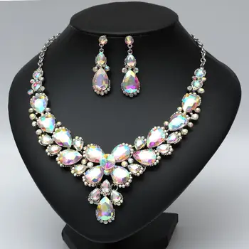 

New Luxury Crystal Statement Bib Necklace Earring Brides Prom Party Wedding Costume Jewelry Set Accessories Ladies Women's Gifts