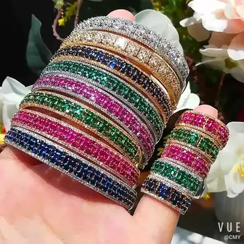 

GODKI Romantic Luxury Rainbow Shiny Bangle Ring Earrings Jewelry Set For Women Wedding Bridal Cubic Zirconia PARTY Jewelry 2020