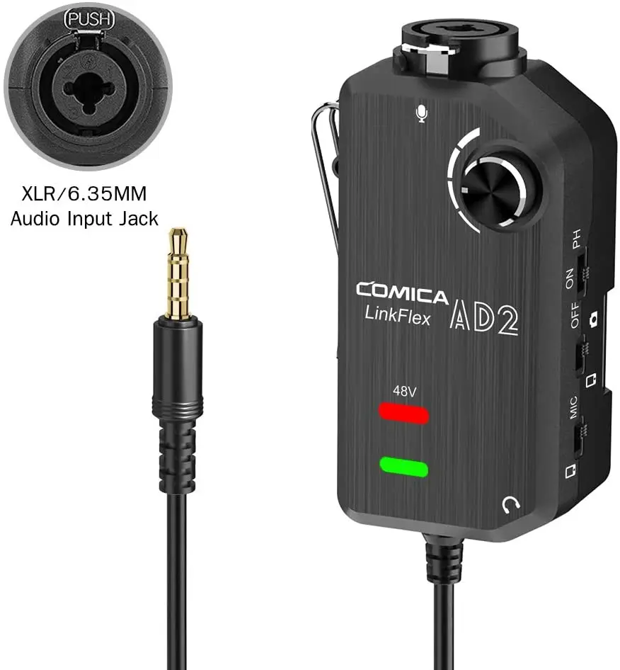 Микрофон Preamp Comica AD2 XLR/6 35 мм с адаптером интерфейса XLR/гитары для iPhone iPad Mac/ПК телефонов Android DSLR