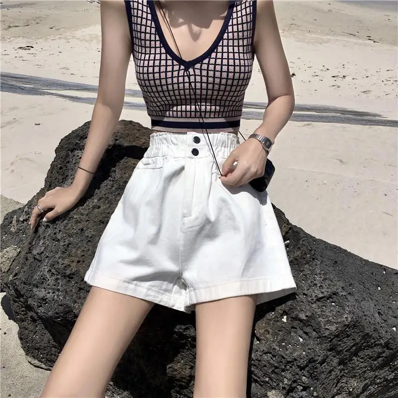 Quente do Vintage Calções Femininos Botão Largo Perna Chique Cintura Alta Solta Casual Branco Coreano Venda Menina Lazer Streetwear All-match Womens 10 Moda Feminina