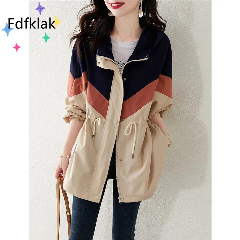 

Fdfklak 3XL Mid-Length Windbreaker Women Autumn Winter New Korean Loose Color Matching Waist Hooded Trench Coat Casual Jacket