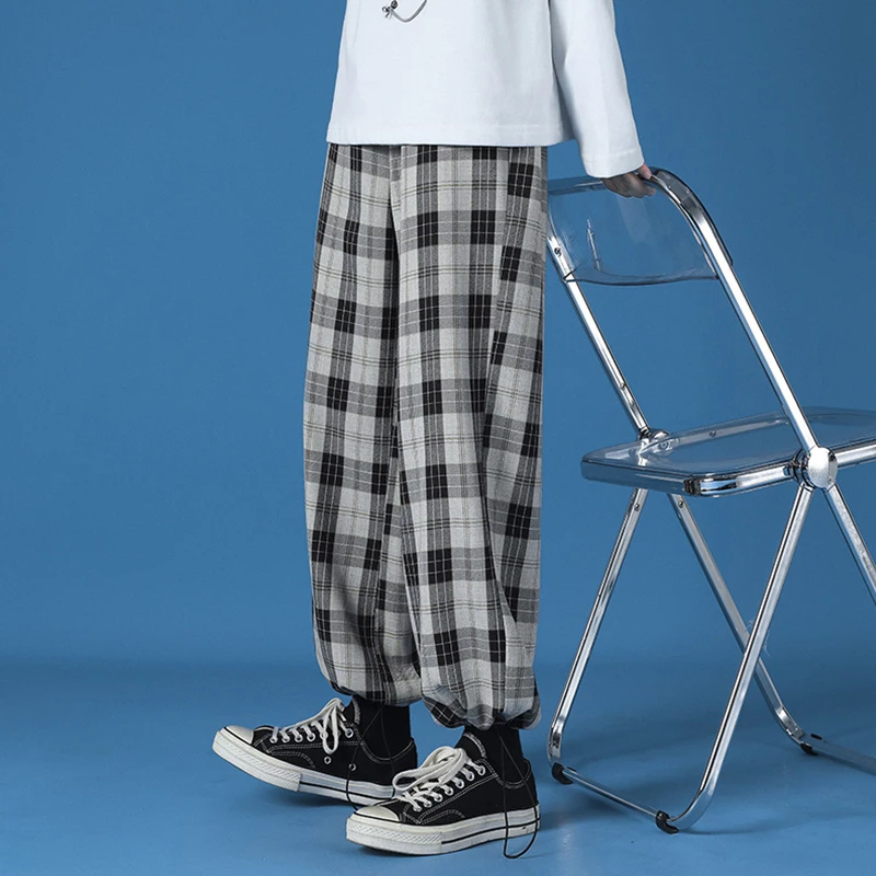 Men New Polyester Loose Japan Harajuku style Grid Wide Pants Men Casual Drawstring Elastic Leg opening Ankle Length Pants