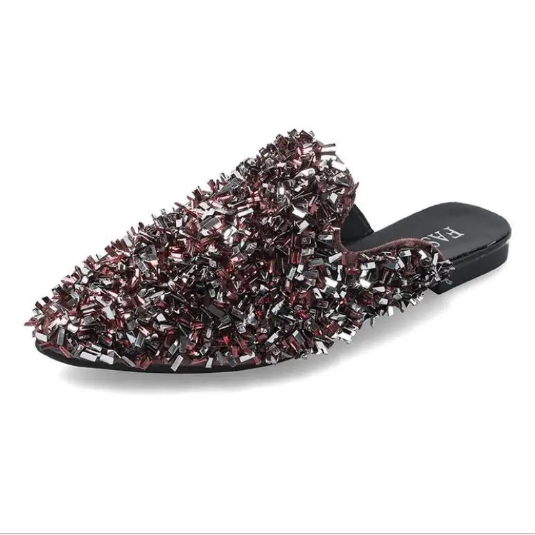 

2019spring new fashion rhinestone slippers sequin pointed half bow women's flat shoes Women's shoes summer holiday ladies slides
