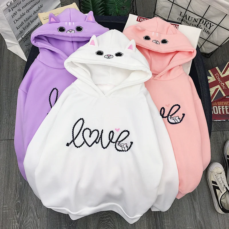 Милый стиль kawaii Женская одежда с мультяшным котом Свободные толстовки женские