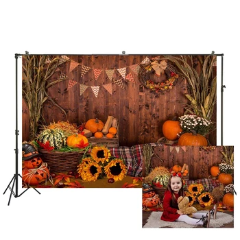 

Photography Background Fall Halloween Wood Wall Pumpkin Autumn Barn Backdrop Hay Sunflower Photo Studio Props SM-783