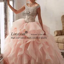 Пышное Бальное Платье с круглым вырезом голубое праздничное платье роскошное вышито бисером с блестками дебютантные платья 15 лет