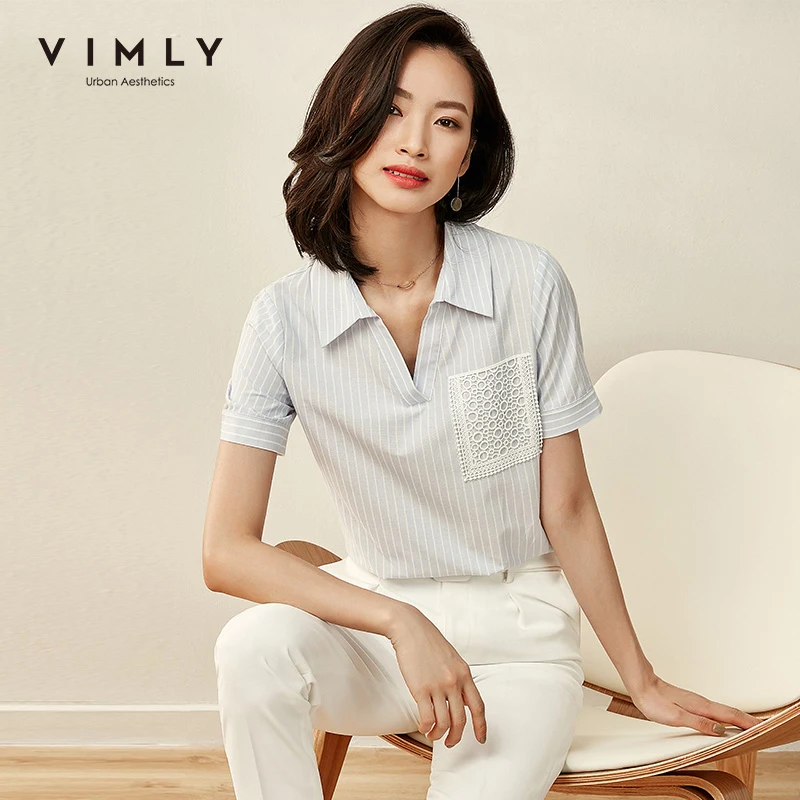 Женская Офисная рубашка с отложным воротником Vimly Лоскутная тонкая короткими