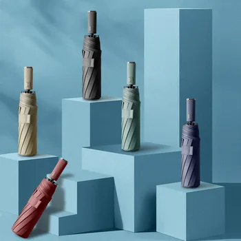 

Color Handle Ten Bone Fully Automatic Rain Umbrella Folding Tri-fold Umbrella Wind-Resistant Business Men Rain Umbrella All in 1