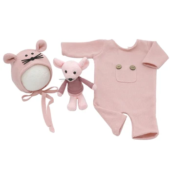 

3pcs/set Jumpsuit Hat Comfortable Button Infant Newborn Photography Prop Suit Shooting Clothes Photo Cute Soft Mouse Doll