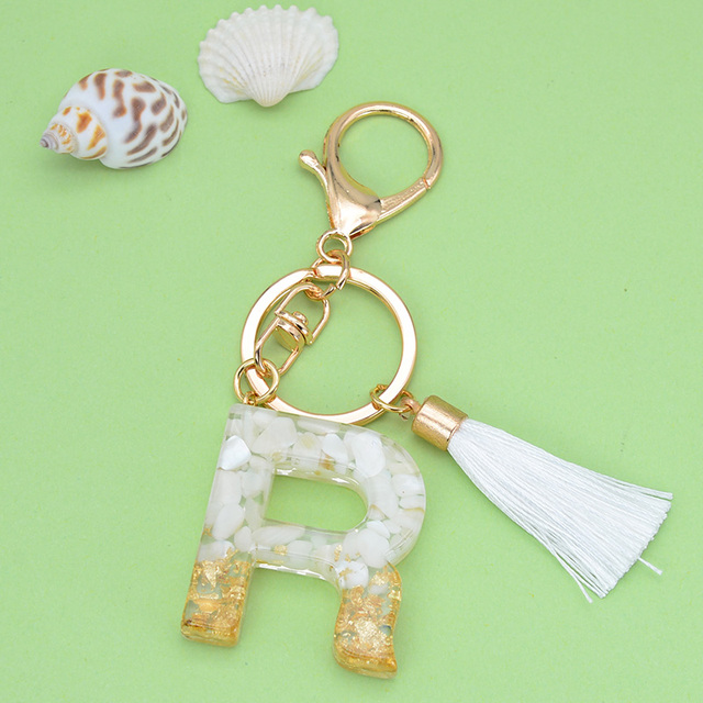 Gold Tassel Alphabet Keychain English Letter Keyring Glitter Gradient Resin Gold Leaf Crafts Car Mirror Handbag Charms