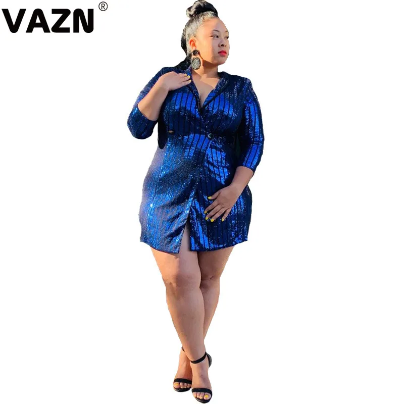 

VAZN YF1070 New Plus Size Latest Style Upmarket Heavy Industry Sequined V-Neck Full Sleeve Untidy Slim Women Office Long Shirts