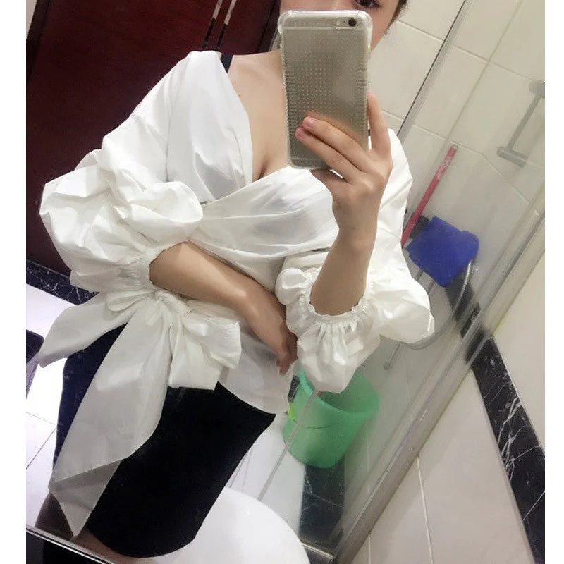 XITAO полосатая бандажная женская блузка модная новинка Весенняя Элегантная Маленькая Повседневная рубашка с пышными рукавами и открытыми плечами DMY2116