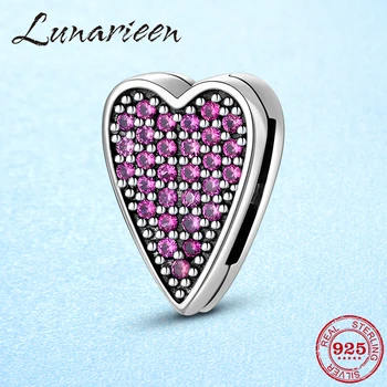 

Hot Sale 925 Sterling Silver Pink Zircon Heart Shape Clips Charms Fit Reflection Bracelet Beads Jewelry Making