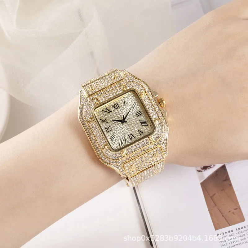 Relógio de Quartzo Quadrado Gelado para Homens e Mulheres Relógios de Pulso Hip Hop de Luxo Relógio Romano Diamante Números Pretos Novo - Image 2
