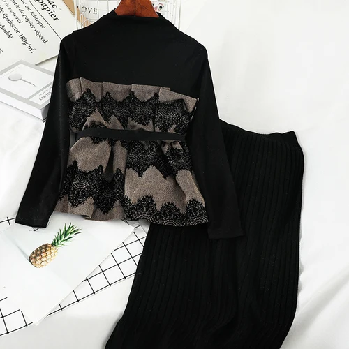 khaki Neploe, женские костюмы, водолазка, тонкая талия, оборки, топы, рубашка+ посылка, вязанная юбка, модные элегантные комплекты из двух предметов 55762 - Цвет: khaki