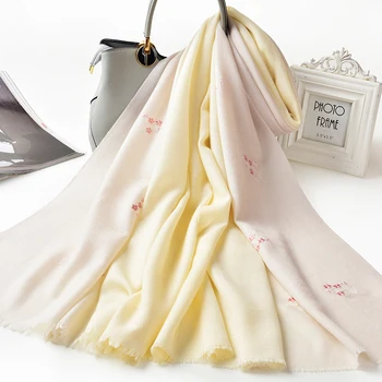 

Women 100% Wool Shawls Wraps Flower Embroidery Fashion Warm Autumn Winter Large Size Pure Wool Scarf Scarves For Ladies 195x75cm