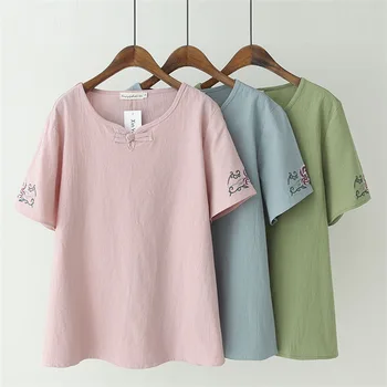 

200 Jin Fat Mm Increase Code Ethnic Group Wind Embroidery Buckle Short Sleeve T Shirt Literature And Art Loose Joker Top 8180