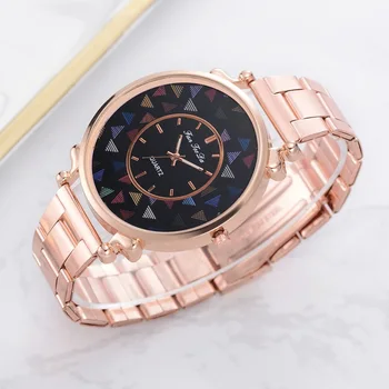 

Women Quartz Watch Simple Style Multi-Color Triangles Printed Dial Alloy Bracelet Strap Lady Wristwatch Decoration