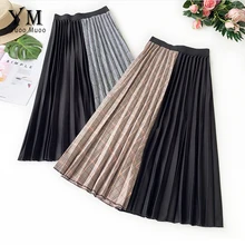 YuooMuoo Осенняя винтажная Женская юбка Осенняя модная клетчатая Лоскутная Готическая плиссированная юбка Уличная Женская юбка миди трапециевидной формы