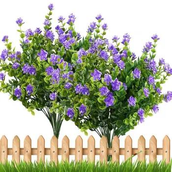 

4pcs Fake Plants Artificial Greenery Shrubs Eucalyptus Branches with Purple Baby's Breath Flower Plastic Bushes House Office Gar