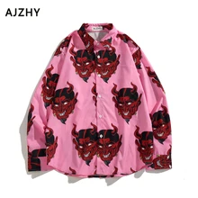 Мужские рубашки с длинным рукавом сатана дьявол напечатаны уличная харуюку Гавайские рубашки мужские s для женщин хип хоп Повседневная винтажная розовая рубашка