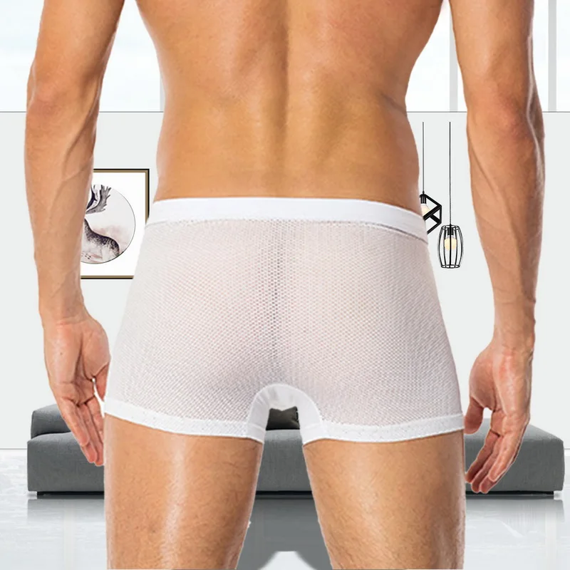Мужские боксеры, сетчатые дышащие прозрачные мужские трусы, Ropa Interior Hombre, одноцветное нижнее белье, сексуальное мужское нижнее белье, шорты