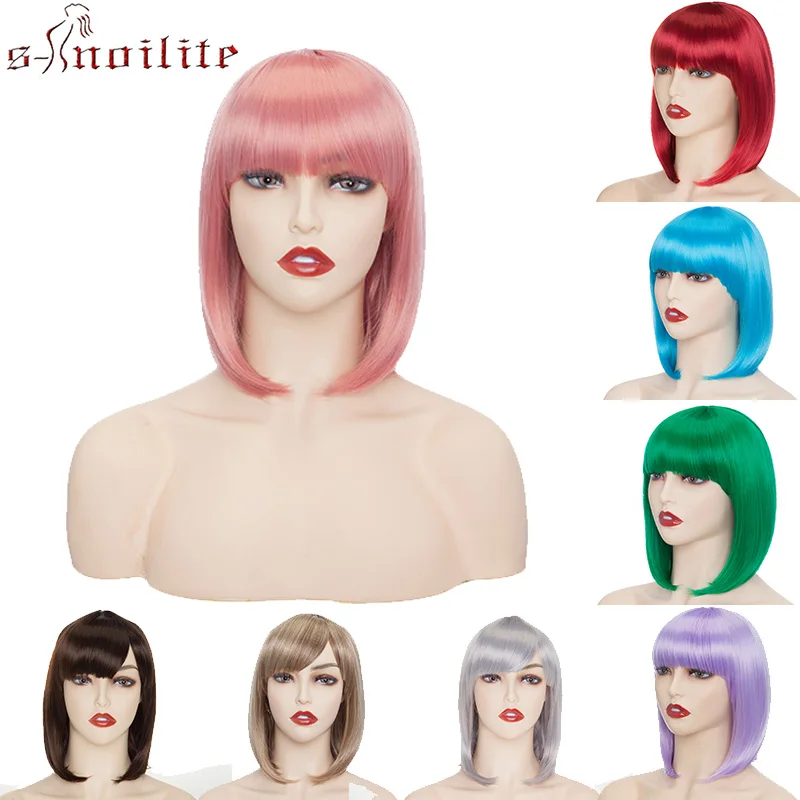 

S-noilite Straight BOB Wigs With Blunt Bangs Synthetic Short Wigs Red Pink Blue Green Purple Cosplay Wigs For Women Party Wig