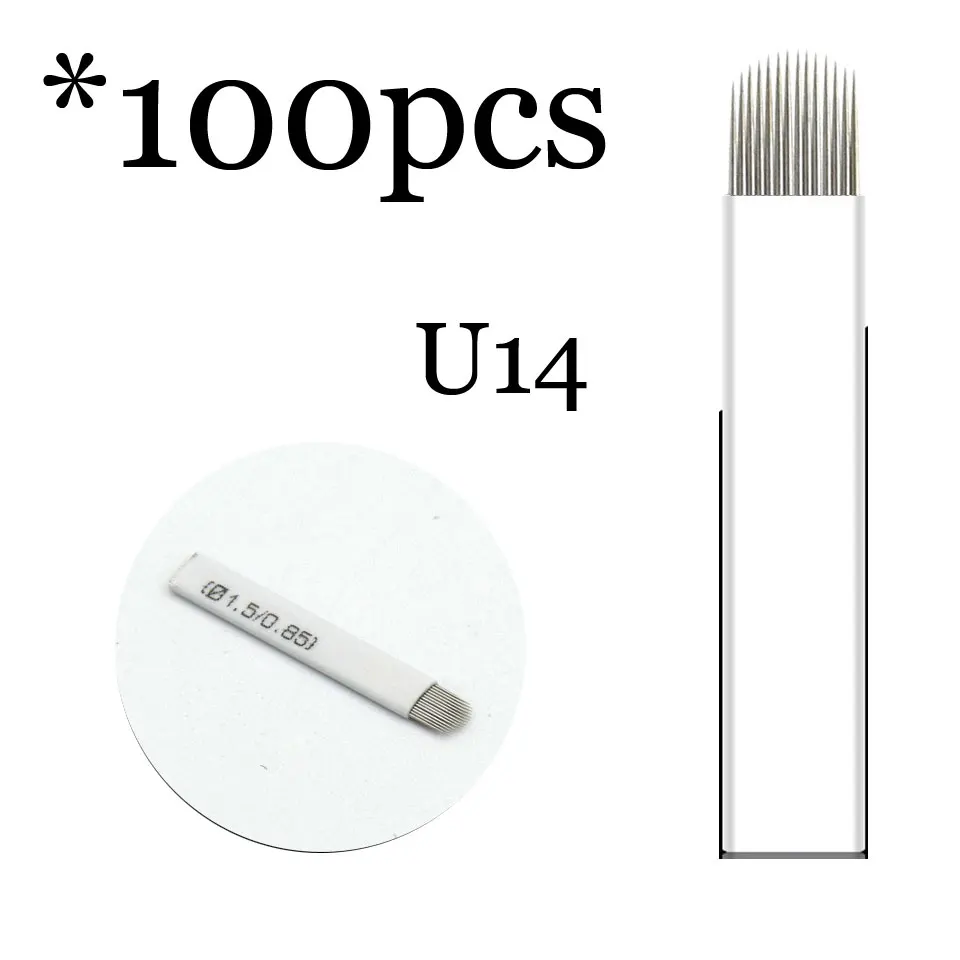 100pcs14U 0,18 мм 7 9 11 12 14 U форма Перманентный макияж бровей flex иглы татуировки лезвия для 3D микроблейдинга Ламина лезвие Agulhas Tebori - Габаритные размеры: 100pcs14U