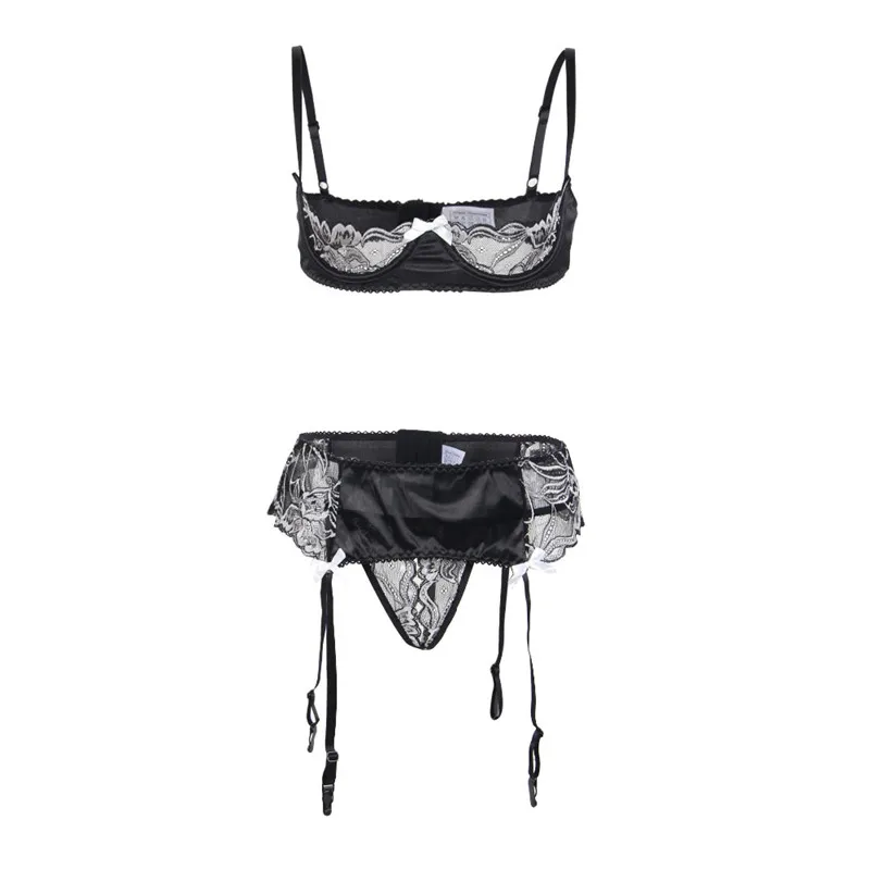 Black Lace Set Comeondear открытый бюстгальтер комплект с трусики с подвязкой Кружева Сексуальное белье наборы черный прозрачный плюс размер женское Эротическое белье RB80319 - Цвет: Black Lace Set