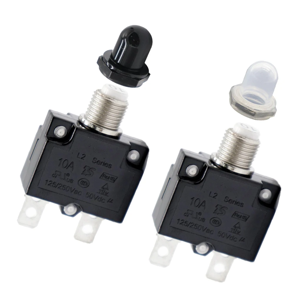 2 Pieces 10 Amp Push Button Circuit Breakers with Waterproof Button Covers (Black & Clear), DC 50V AC 125-250V